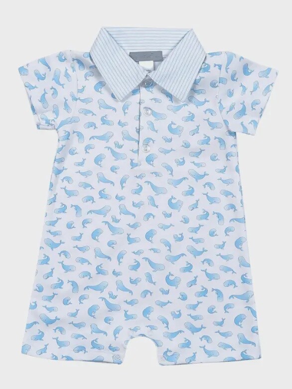 Blue Whales Romper with Polo Collar
