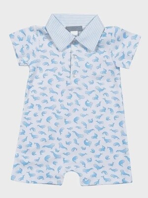 Blue Whales Romper with Polo Collar