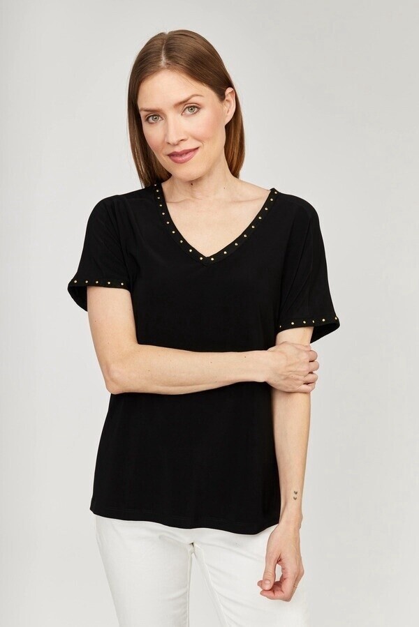 Joseph Ribkoff V-Neck Short Sleeve Top With Studs