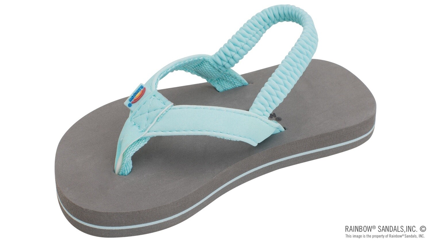 Rainbow Sandals Kids The Grombow - Soft Rubber Top Sole with 1/2&quot; Narrow Strap and Pin line - Aqua/Gray