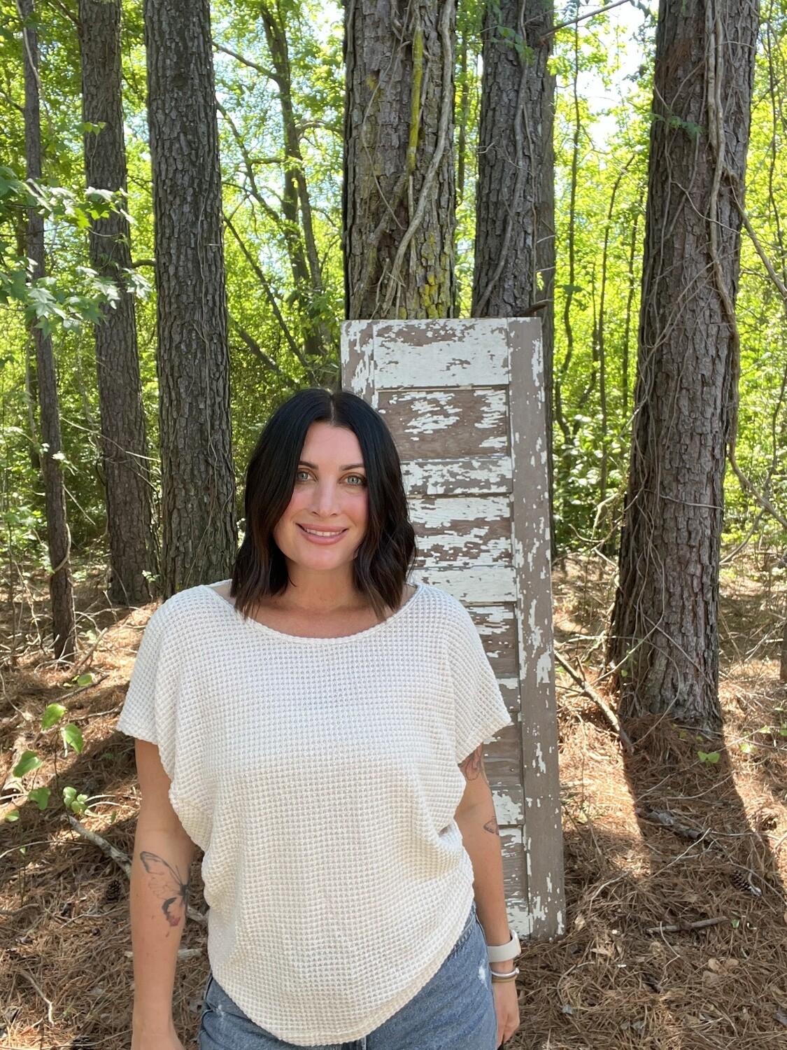 ONLINE EXCLUSIVE Beige Waffle Knit Drape Back Top