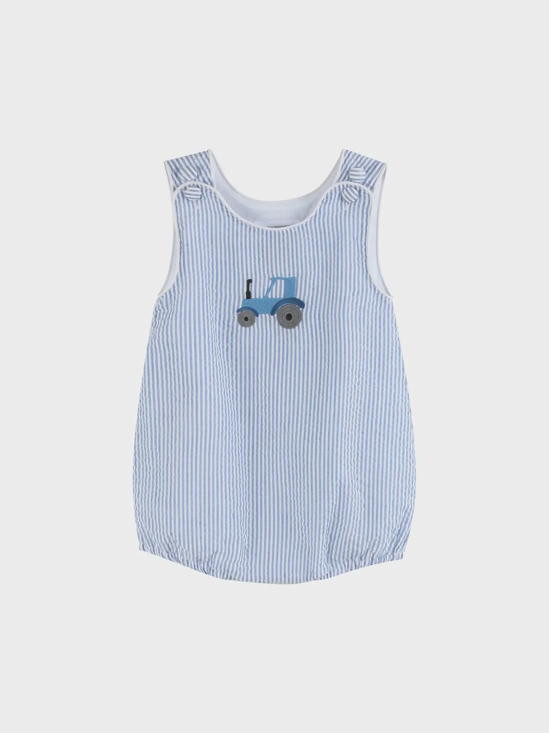 Lil Cactus Dark Blue Tractor Seersucker Bubble Romper