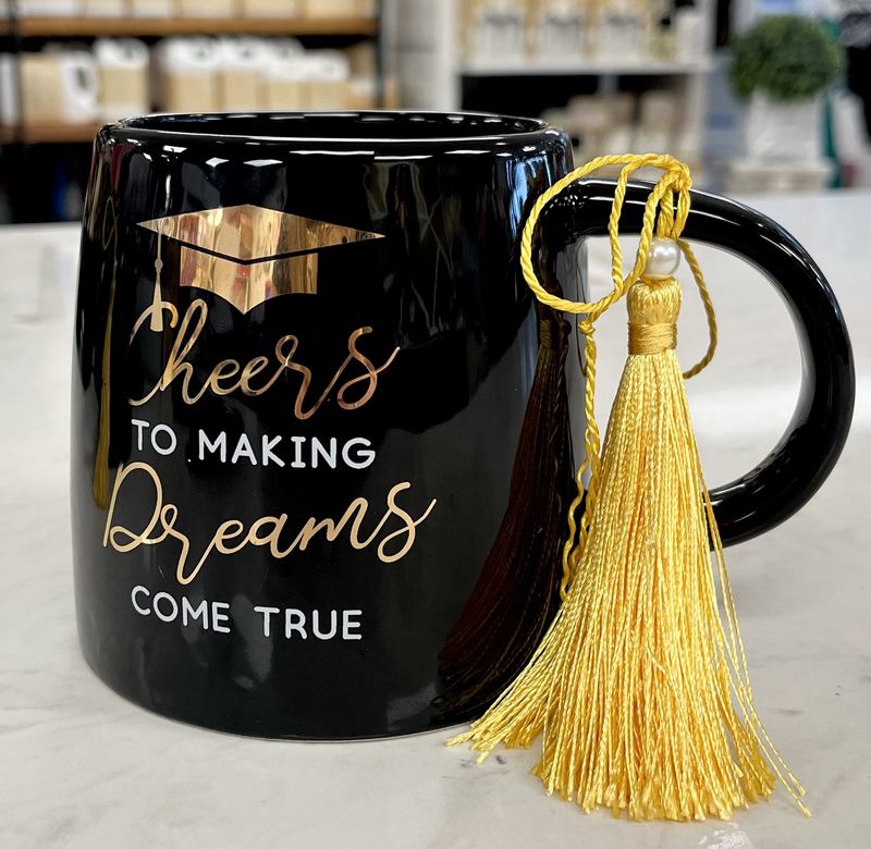 Cheers To Making Dreams Come True Black &amp; Gold Mug with Tassel