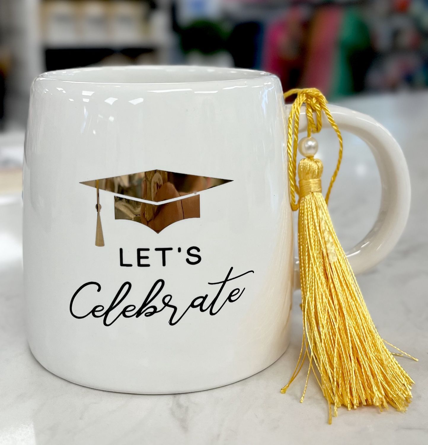 Let&#39;s Celebrate White &amp; Gold Mug with Tassel