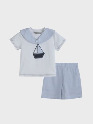 White Sailboat Tee and Blue Seersucker Shorts Set