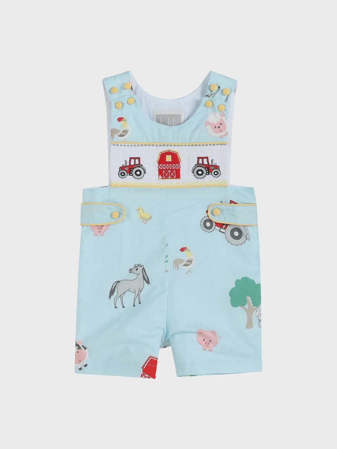 Light Blue Barnyard Print Tractor Smocked Baby Jon Jons