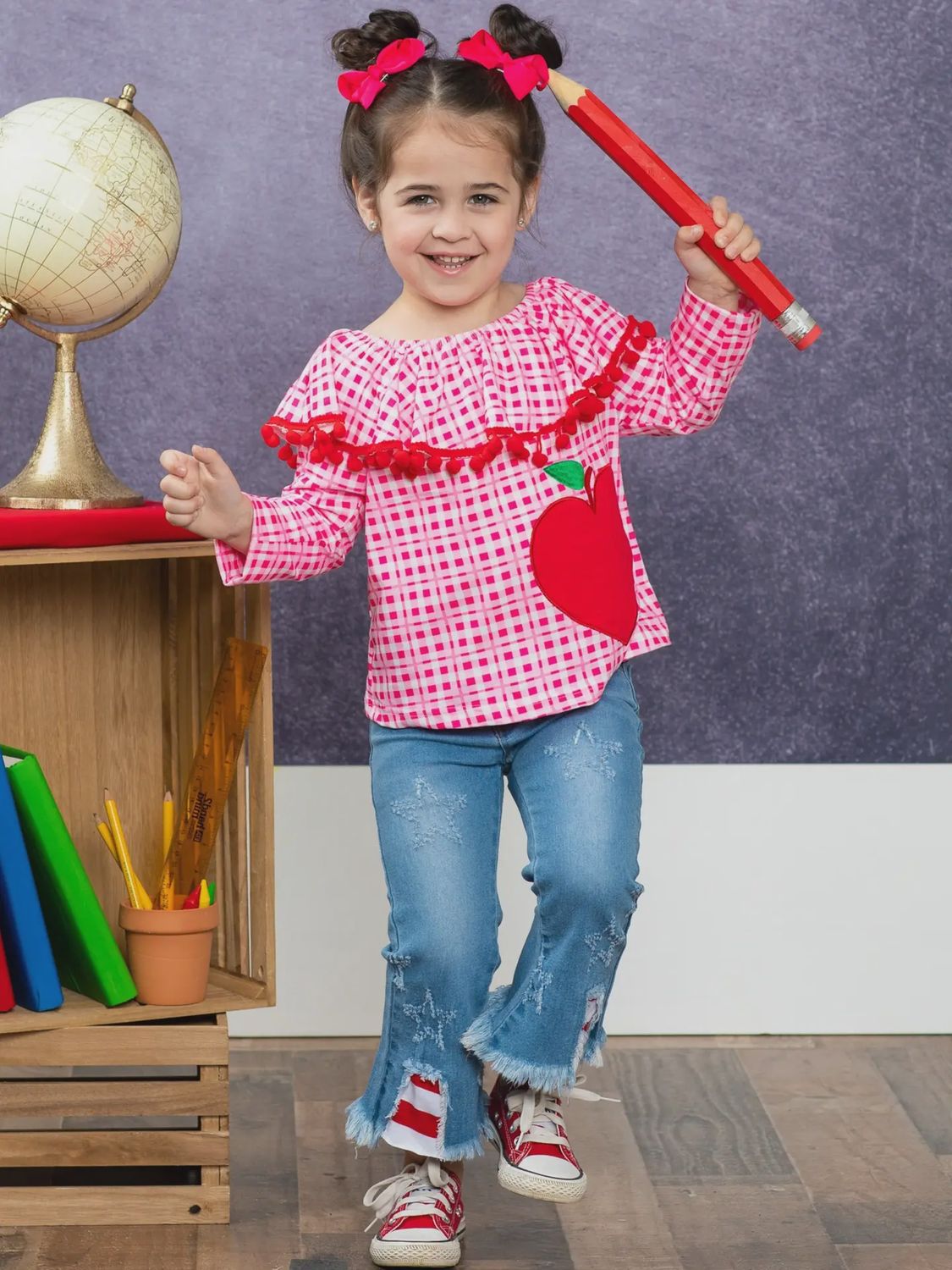 Mia Belle Girls Pom-Pom Ruffle Bib Tunic w/ Apple Applique &amp; Patched Jeans