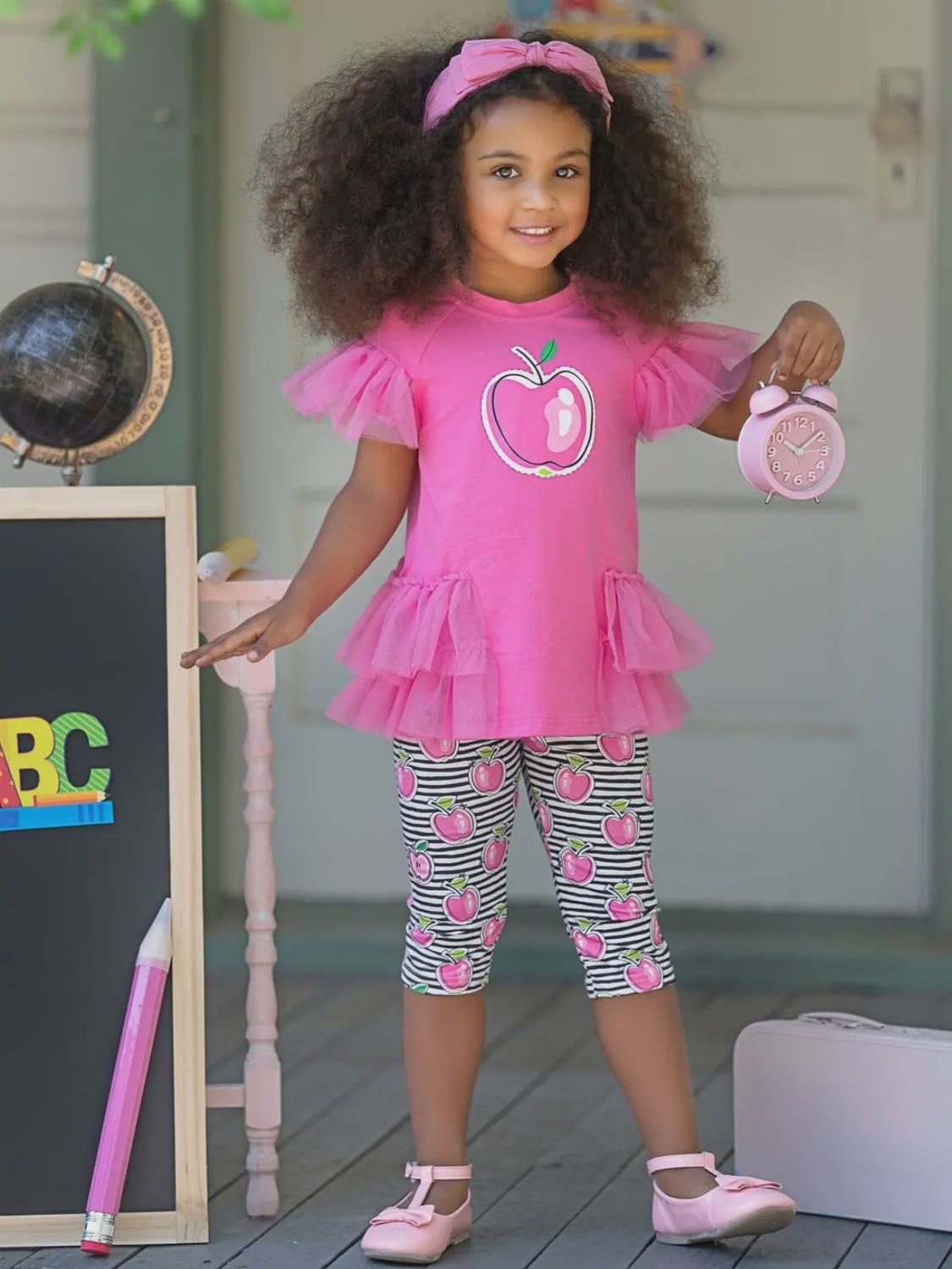 Mia Belle Girls Apple Charm Ruffle Top and Striped Legging Set