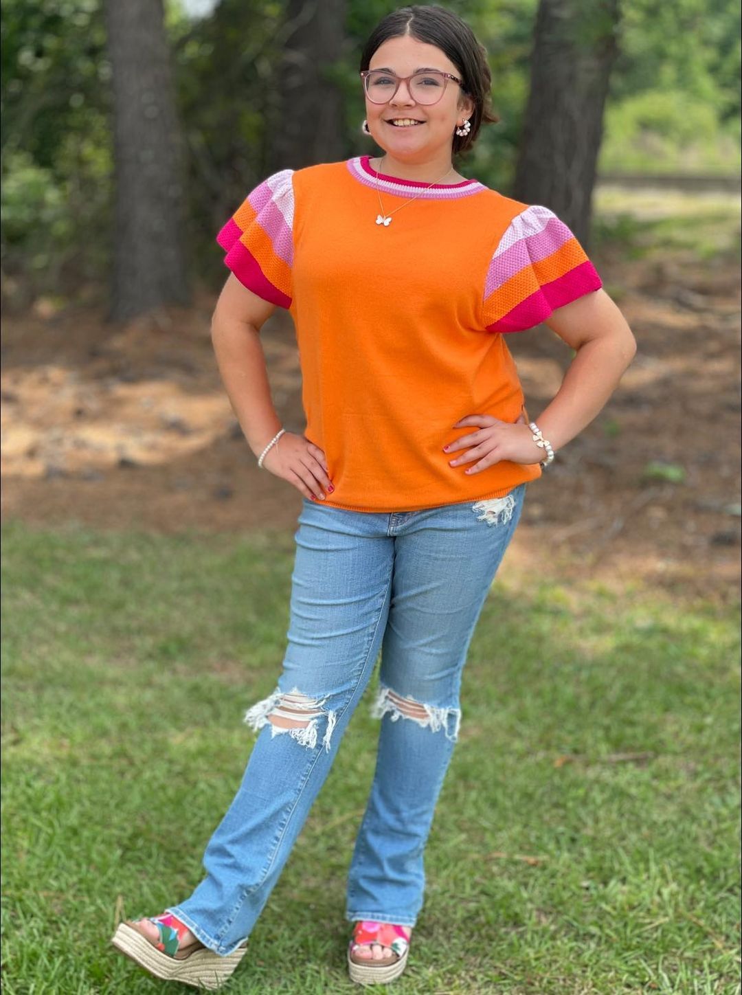 ONLINE EXCLUSIVE Color Pop Flutter Sleeve Knit Top, Size: Small, color: Carrot