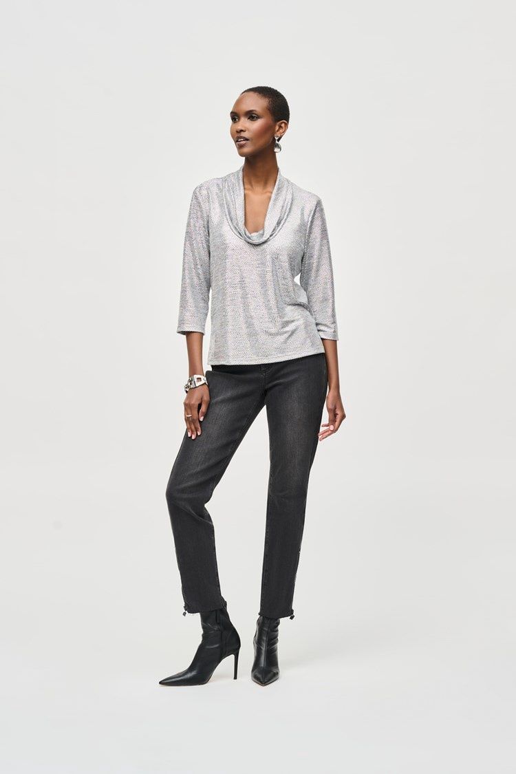 Joseph Ribkoff Foiled Knit Cowl Collar Top