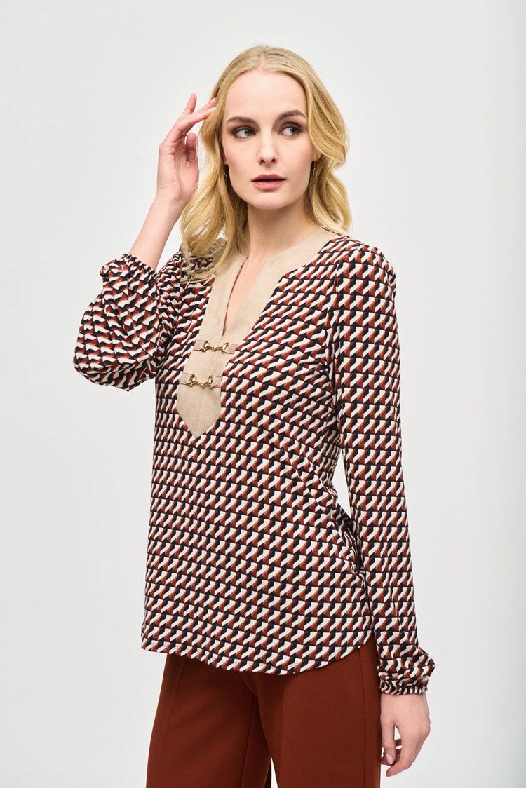Joseph Ribkoff Silky Knit Geometric Print Flared Top
