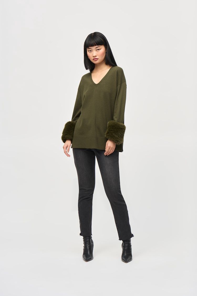 Joseph Ribkoff Iguana Sweater Knit Tunic with Faux Fur Cuffs