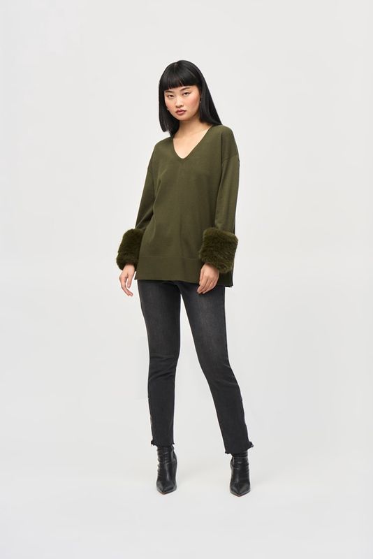 Joseph Ribkoff Iguana Sweater Knit Tunic with Faux Fur Cuffs