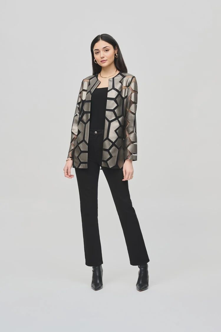 Joseph Ribkoff Laser-Cut Leatherette on Mesh Jacket -Gunmetal