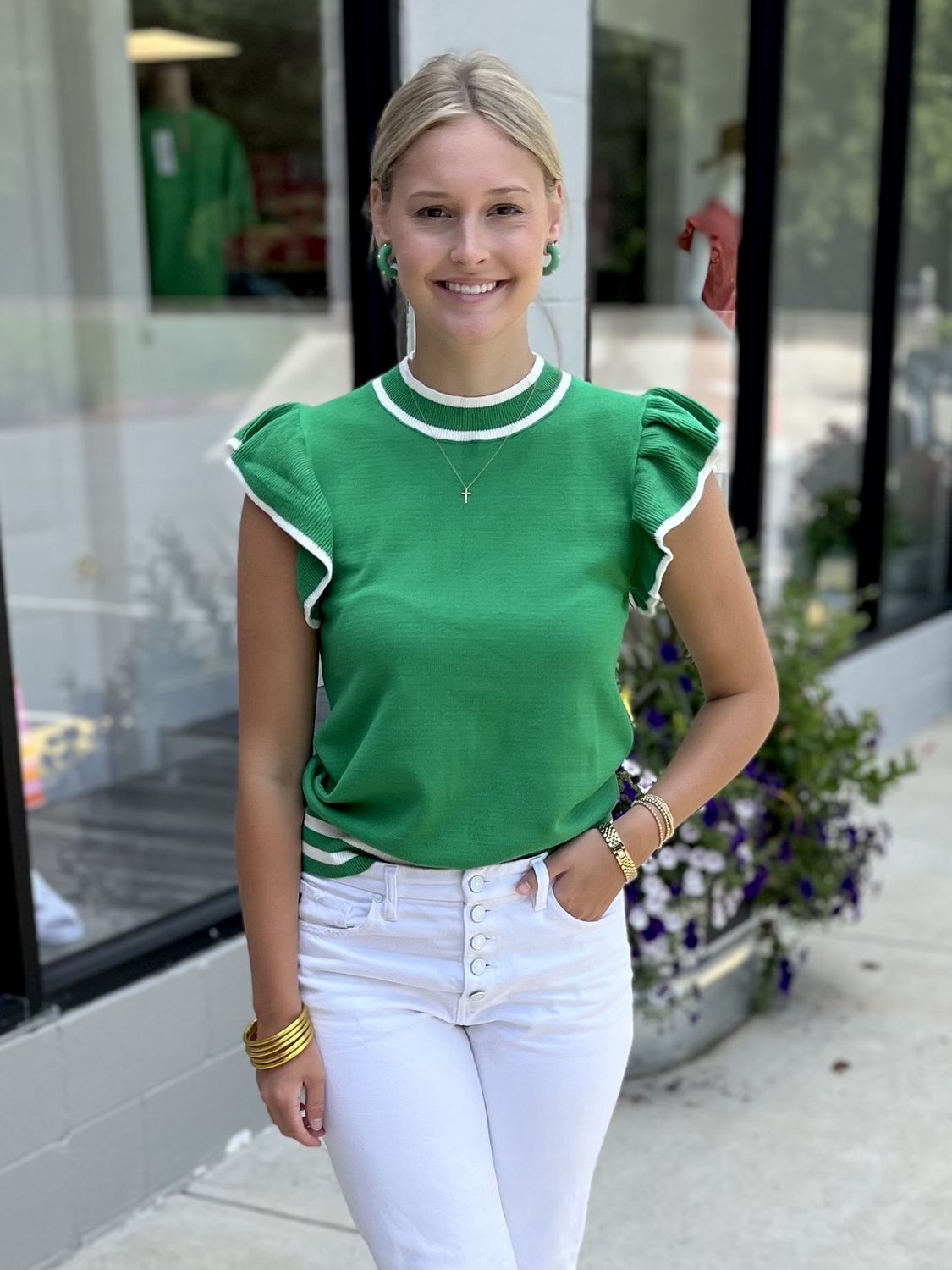 Lightweight Flutter Sleeve Striped Sweater, Size: Small, color: Green