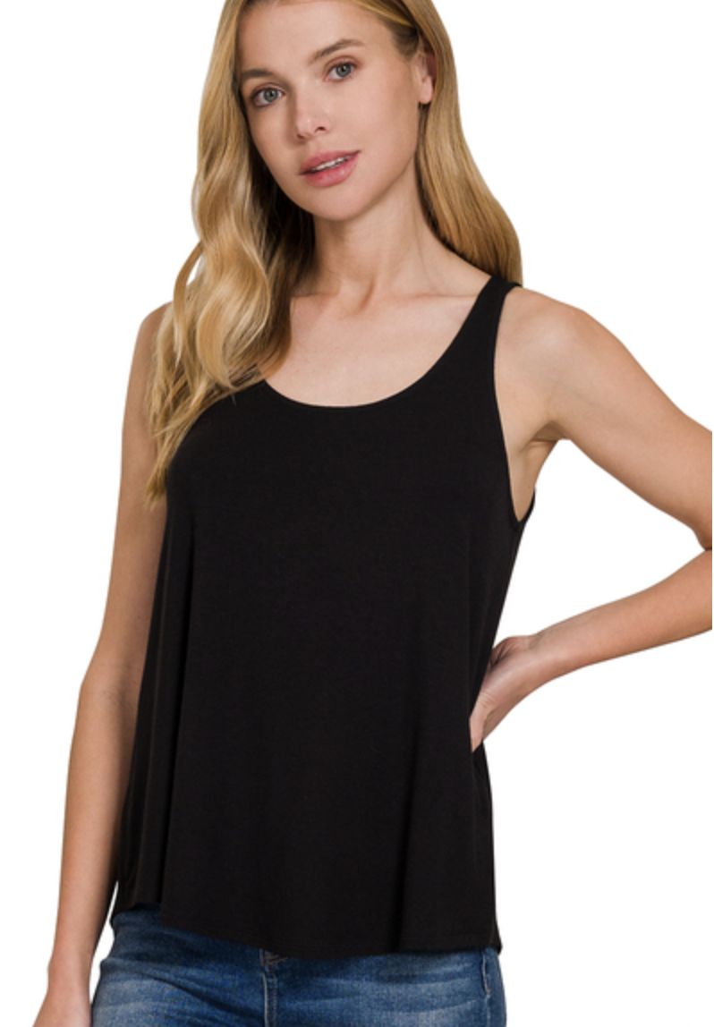 Zenana Flowy Hem Rayon Sleeveless Tank Top, Size: Small, color: Black
