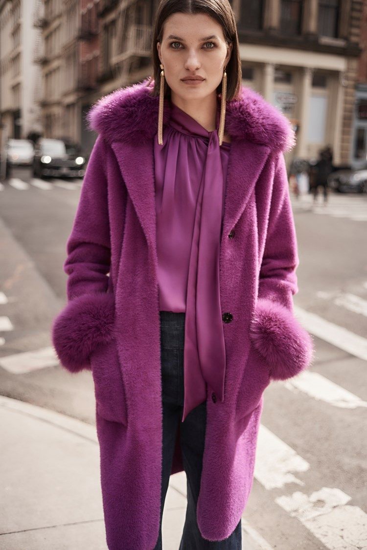 Joseph Ribkoff Empress Purple Feather Yarn and Faux Fur Sweater Coat