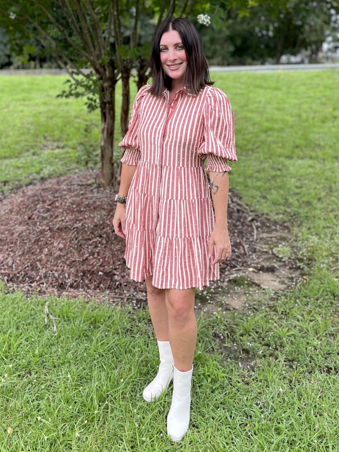 Joy Joy Red Stripe Button Tiered Dress