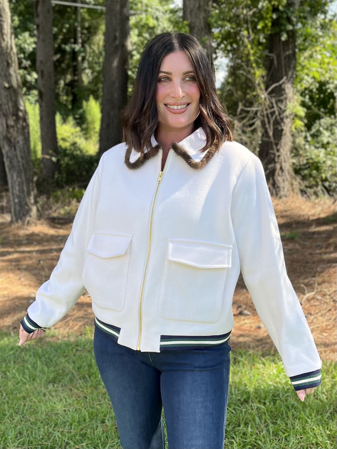 Vilagallo Cream Bomber Jacket with Fur