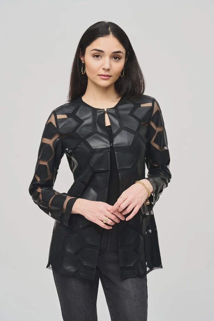 Joseph Ribkoff Black Laser-Cut Leatherette on Mesh Jacket