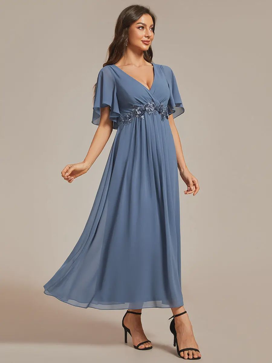 Applique Dusty Navy V-Neck Tea Length Wedding Guest Dress