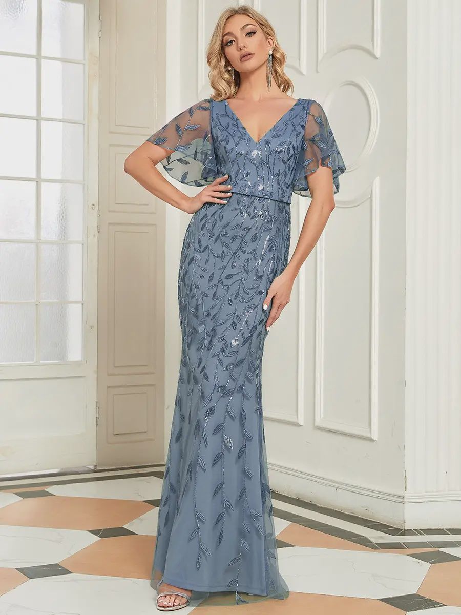 Dusty Navy V-Neck Leaf-Sequined Fishtail Evening Dress