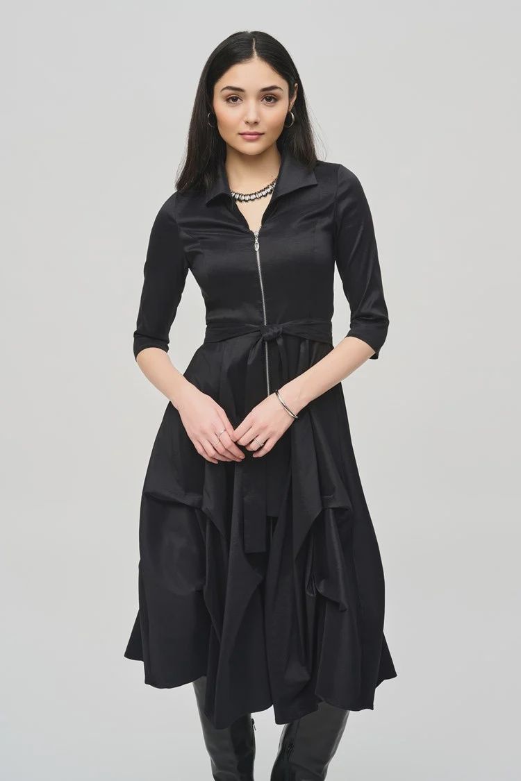 Joseph Ribkoff Black Stretch Taffeta Dress With Waist Sash