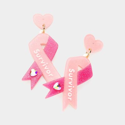 Breast Cancer Survivor Heart Stone Glittered Pink Ribbon Dangle Earrings