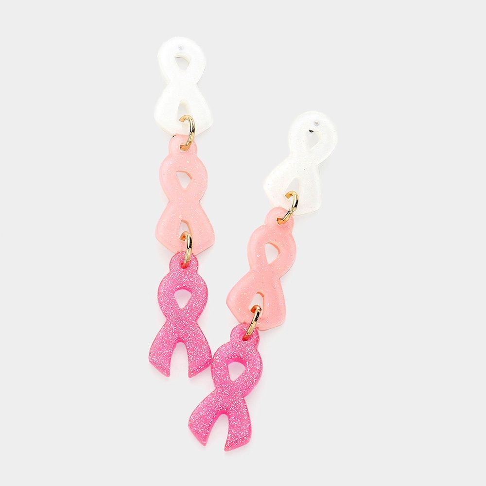 Breast Cancer Glittered Triple Pink Ribbon Dangle Earrings