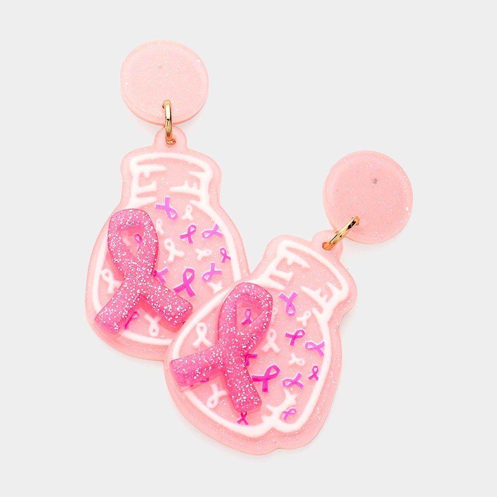 Breast Cancer Glittered Pink Ribbon Glove Dangle Earrings