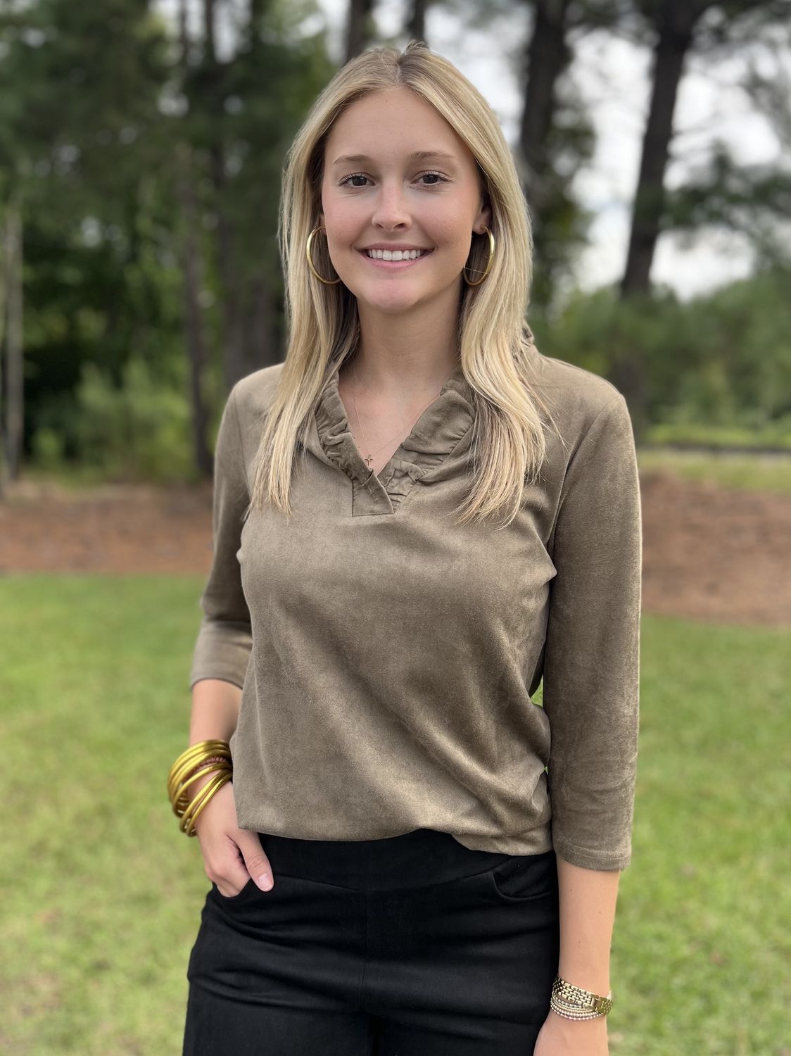 Aryeh Tabatha Olive Ruffle Neck Top
