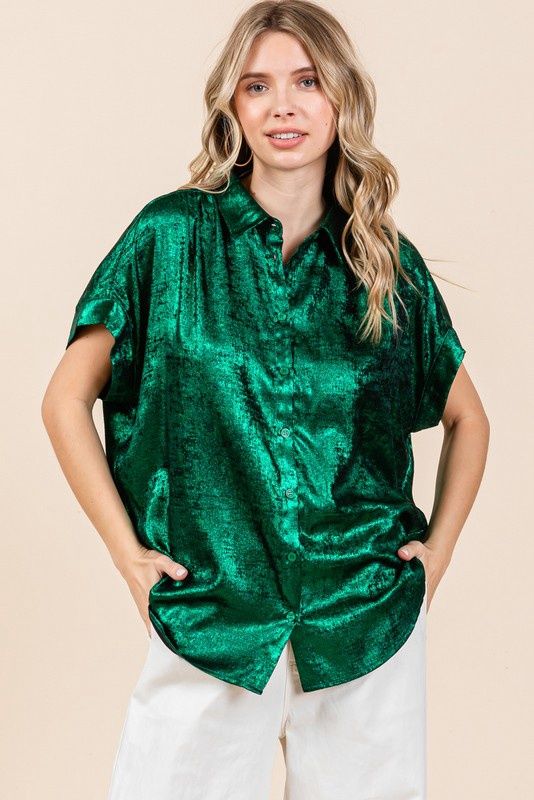 Jodifl Green Metallic Collared Button Up Top