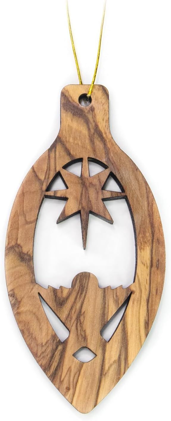 Holy Land Olive Wood Christmas Ornaments- Jesus In A Manger With Star-