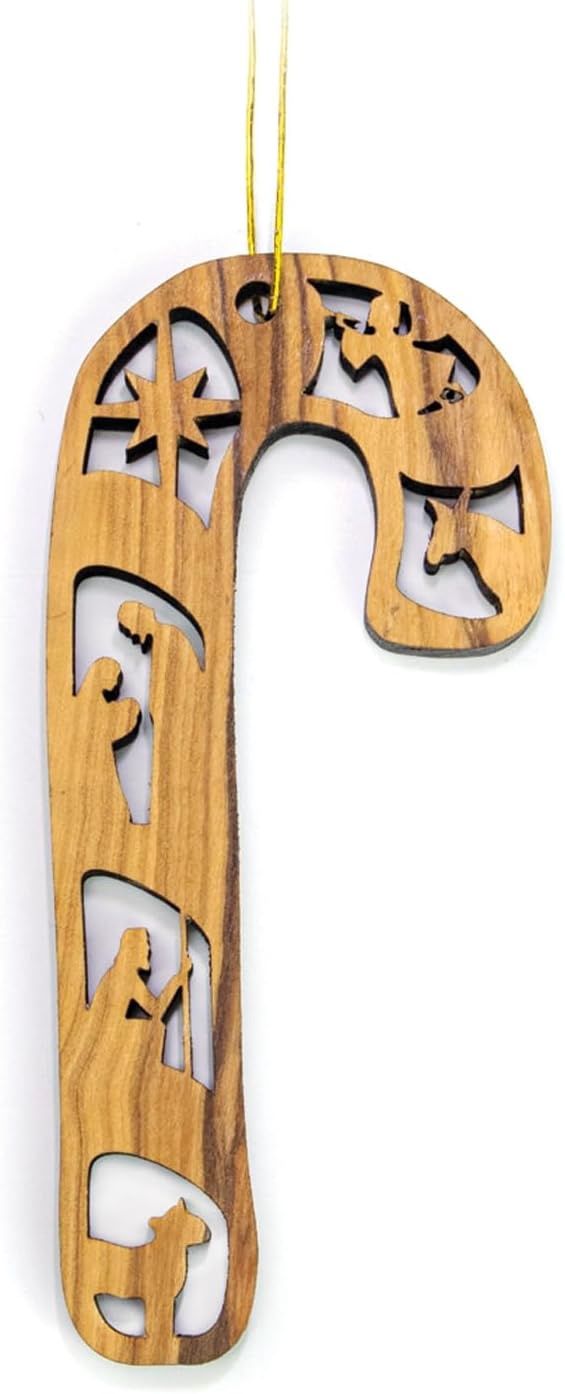 Holy Land Olive Wood Christmas Ornaments-Candy Cane: Shepherd &amp; Angels-