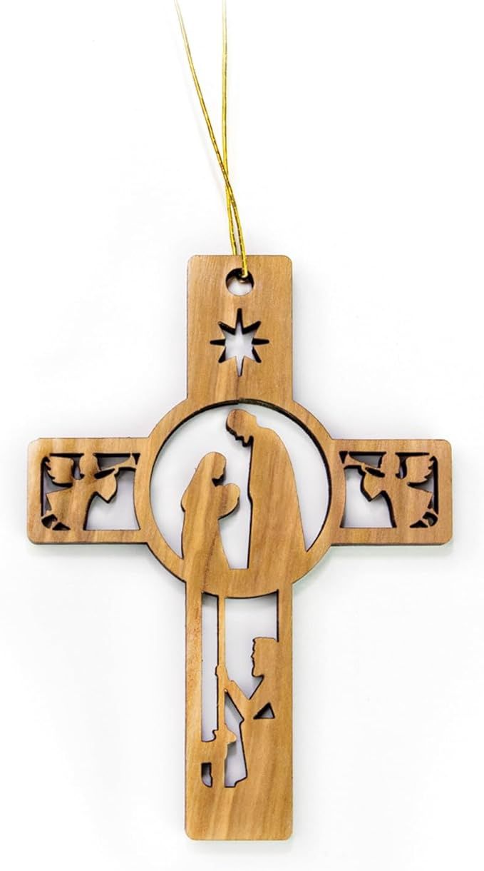 Holy Land Olive Wood Christmas Ornaments-Cross: Shepherd &amp; Angels-