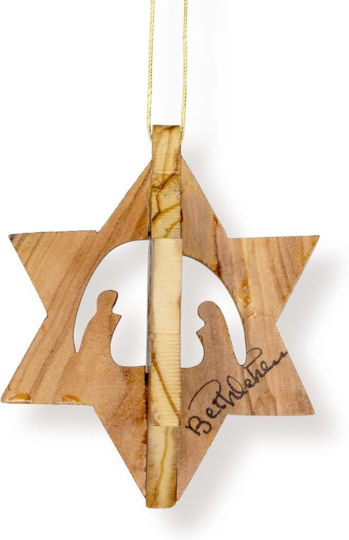 Holy Land Olive Wood Christmas Ornaments-Star of David, Holy Family -