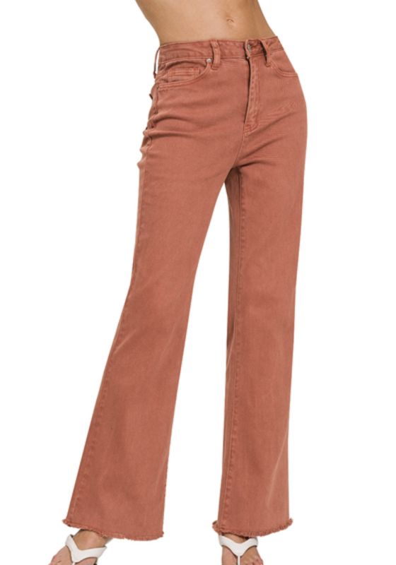 Zenana Rust Acid Washed Frayed Cutoff Hem Wide Leg Pants