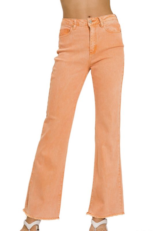 Zenana Orange Acid Washed Frayed Cutoff Hem Wide Leg Pants