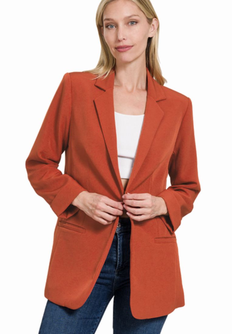 Zenana Rust Woven Long Sleeve Open Front Classic Blazer