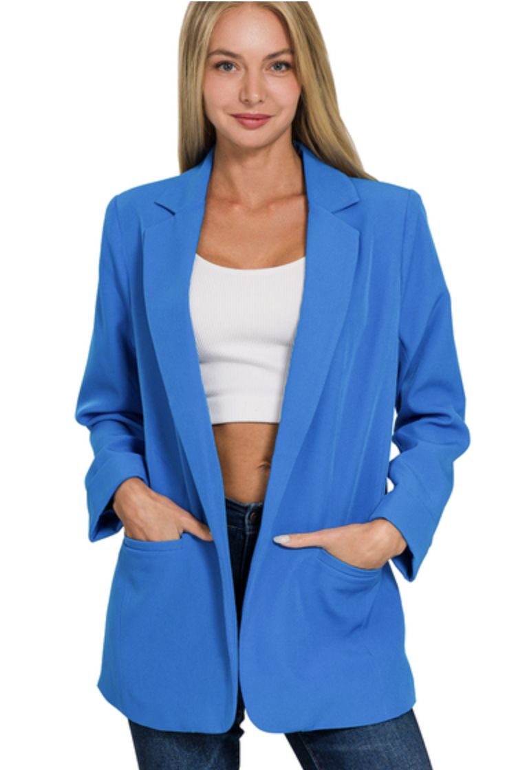 Zenana Ocean Blue Woven Long Sleeve Open Front Classic Blazer