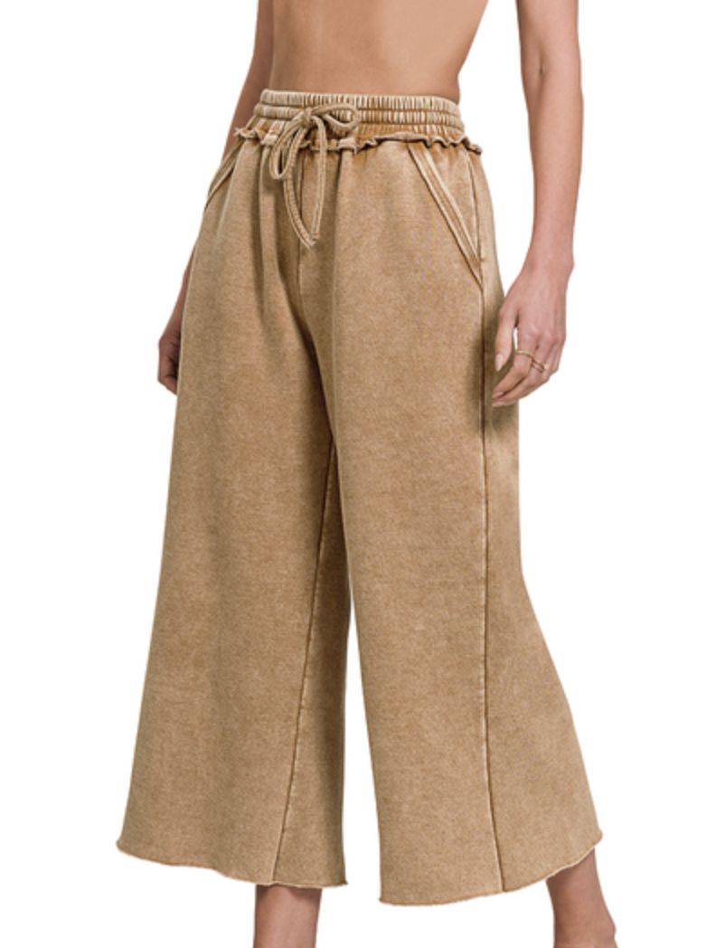 Zenana Deep Camel Acid Wash Fleece Palazzo Sweatpants