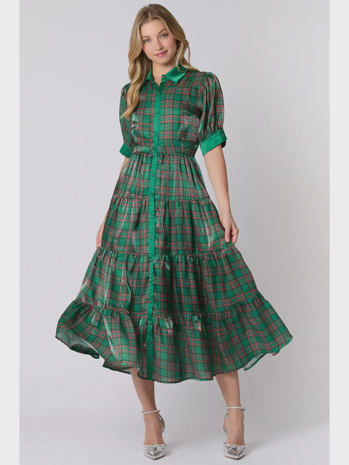 Christmas Plaid Print Silky Organza Midi Dress