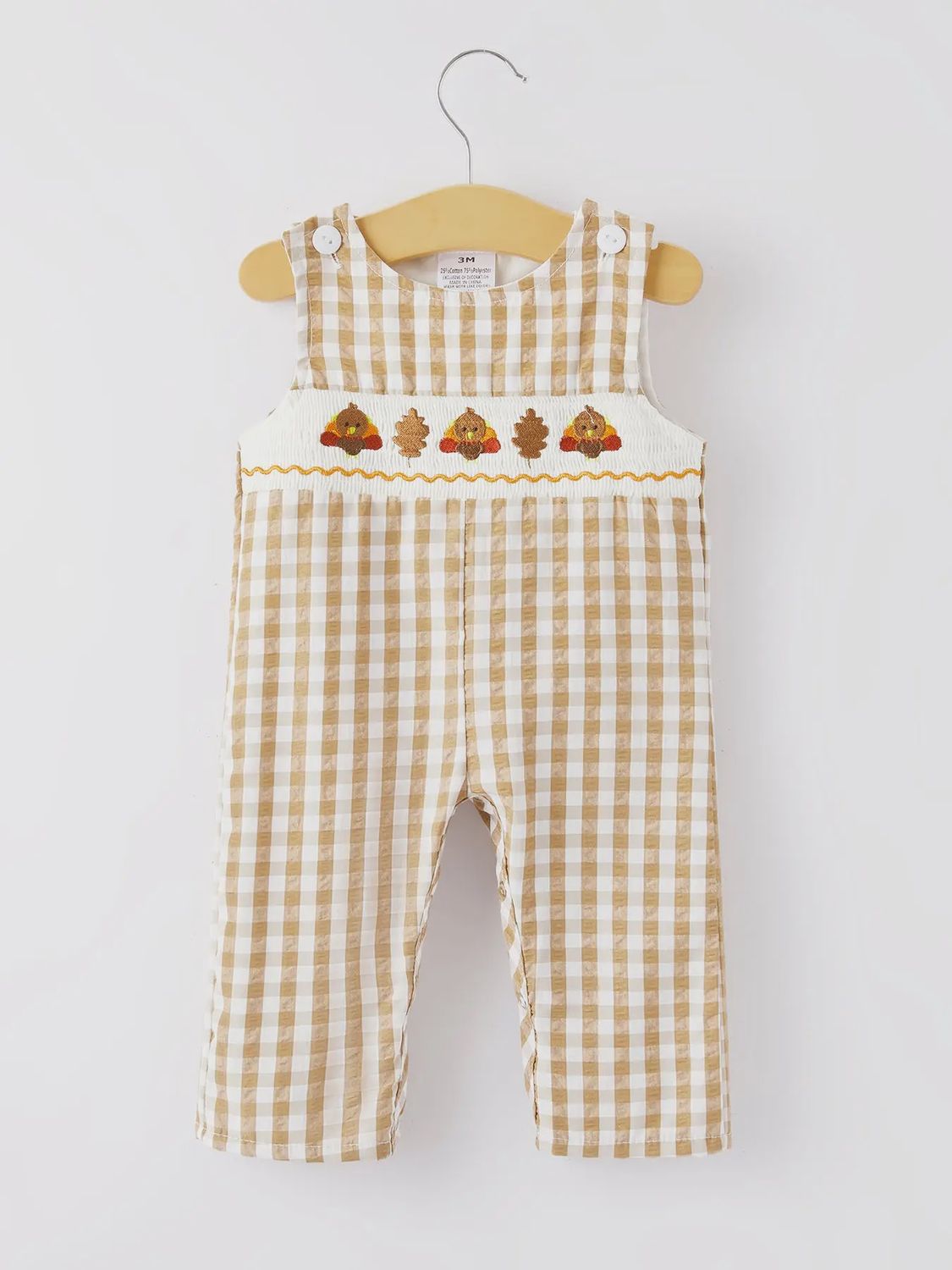 Thanksgiving Smocking Embroidered Brown Plaid Romper