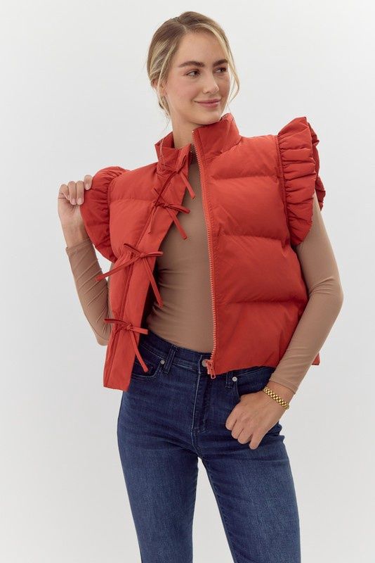Jodifl Brick Puffer Ruffly Shoulders Cropped Vest