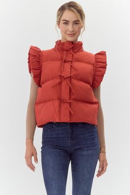 Jodifl Brick Puffer Ruffly Shoulders Cropped Vest