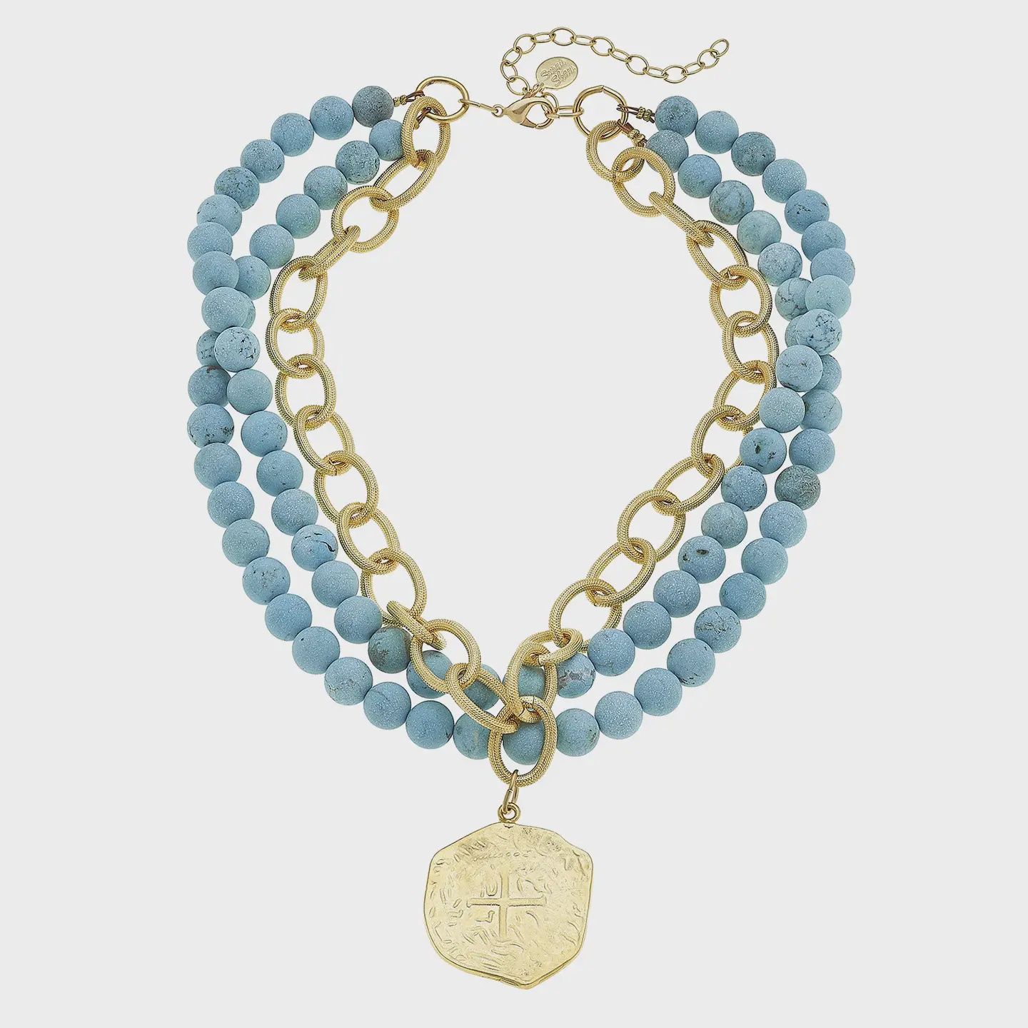 Susan Shaw Gold Coin On 3 Row Genuine Matte Turquoise Necklace