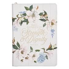 Christian Art Gifts Strength and Dignity Blush Magnolia Faux Leather Journal - Proverbs 31:25