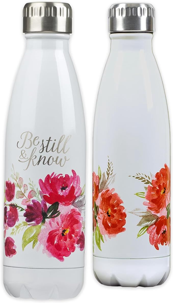 Christian Arts Be Still &amp; Know White Floral Stainless Steel Water Bottle - Psalm 46:10