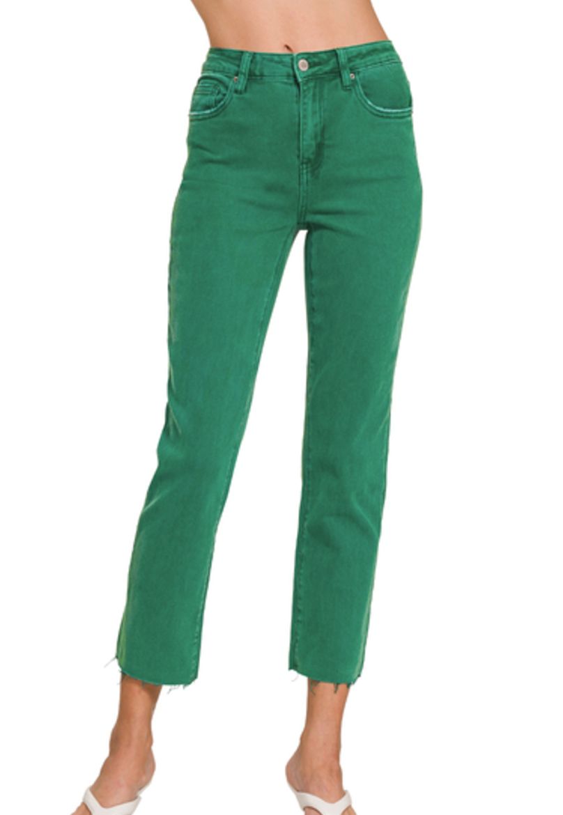 Zenana Dark Green Acid Washed Straight Pants