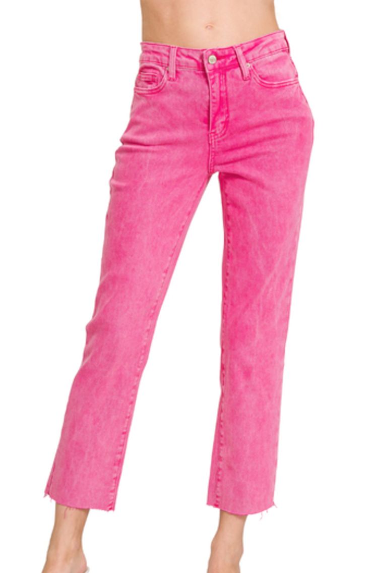Zenana Hot Pink Acid Washed Straight Pants